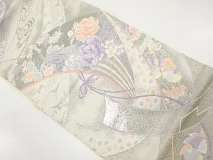 純プラチナ箔　扇に孔雀・鴛鴦・草花模様織り出し　袋帯